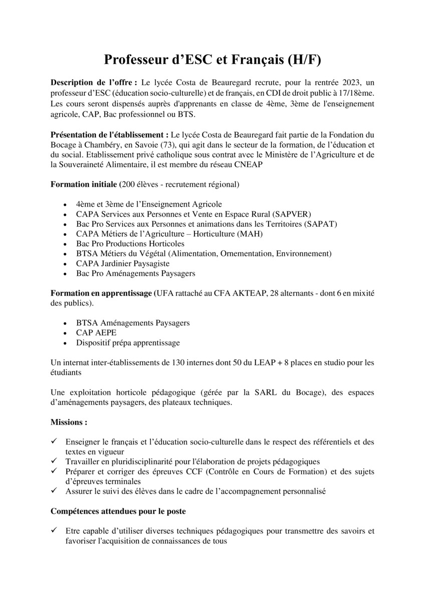 Recrutement D Un Professeur Desc Et Fran Ais H F Au Lyc E Costa De